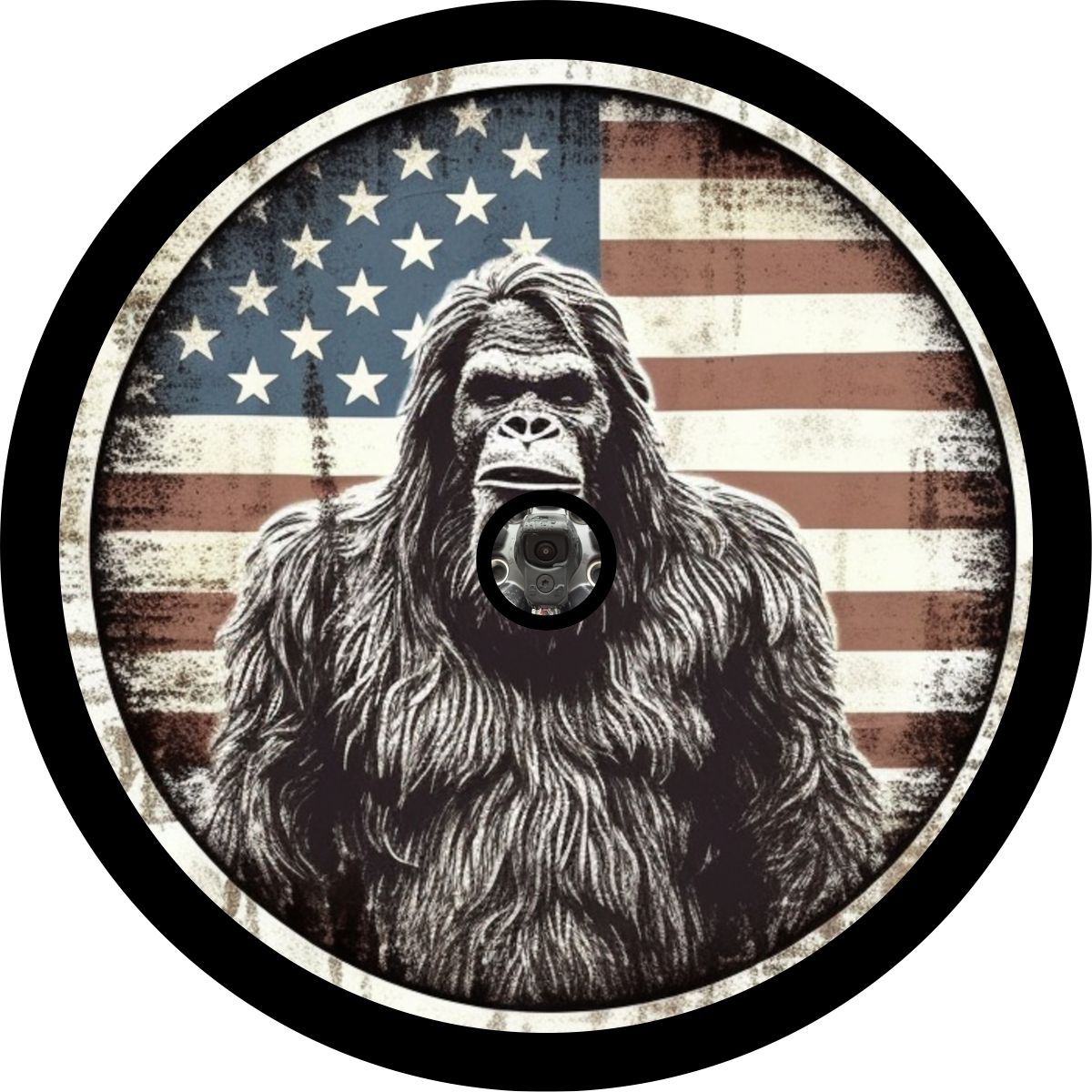 American Flag Bigfoot Portrait - Sasquatch Spare Tire Cover for Bronco, RV, Jeep, Camper, Van