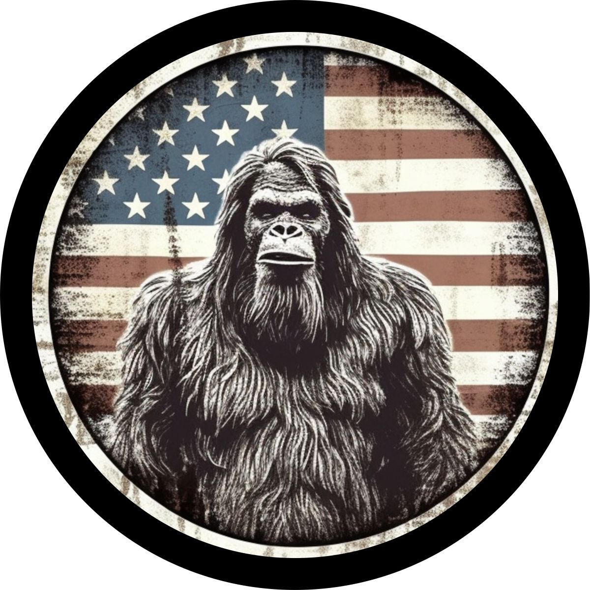 American Flag Bigfoot Portrait - Sasquatch Spare Tire Cover for Bronco, RV, Jeep, Camper, Van