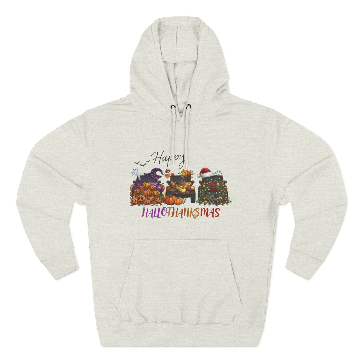 Happy Hallothankmas Hoodie — Three-Panel Holiday Mashup Pullover