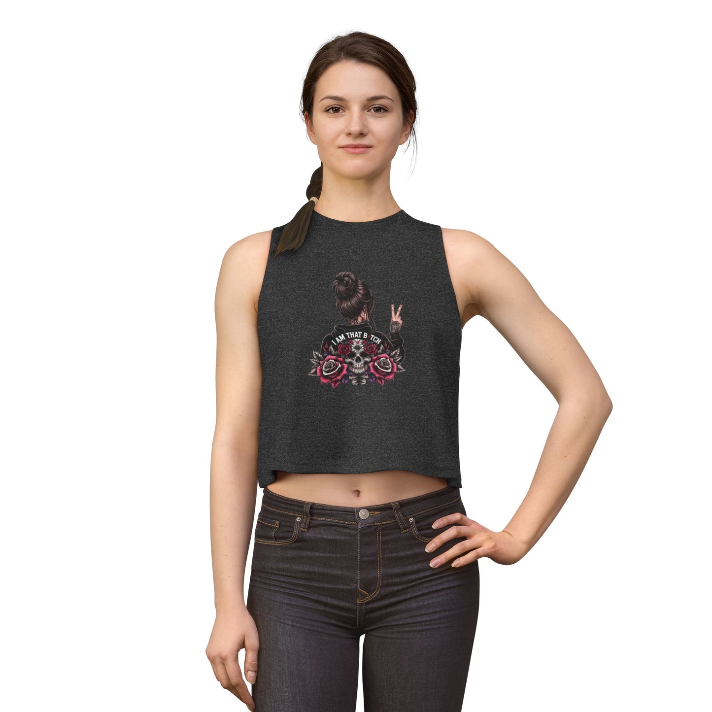 Crop Top — I Am That Bitch Graphic (Skull, Roses & Peace Sign)