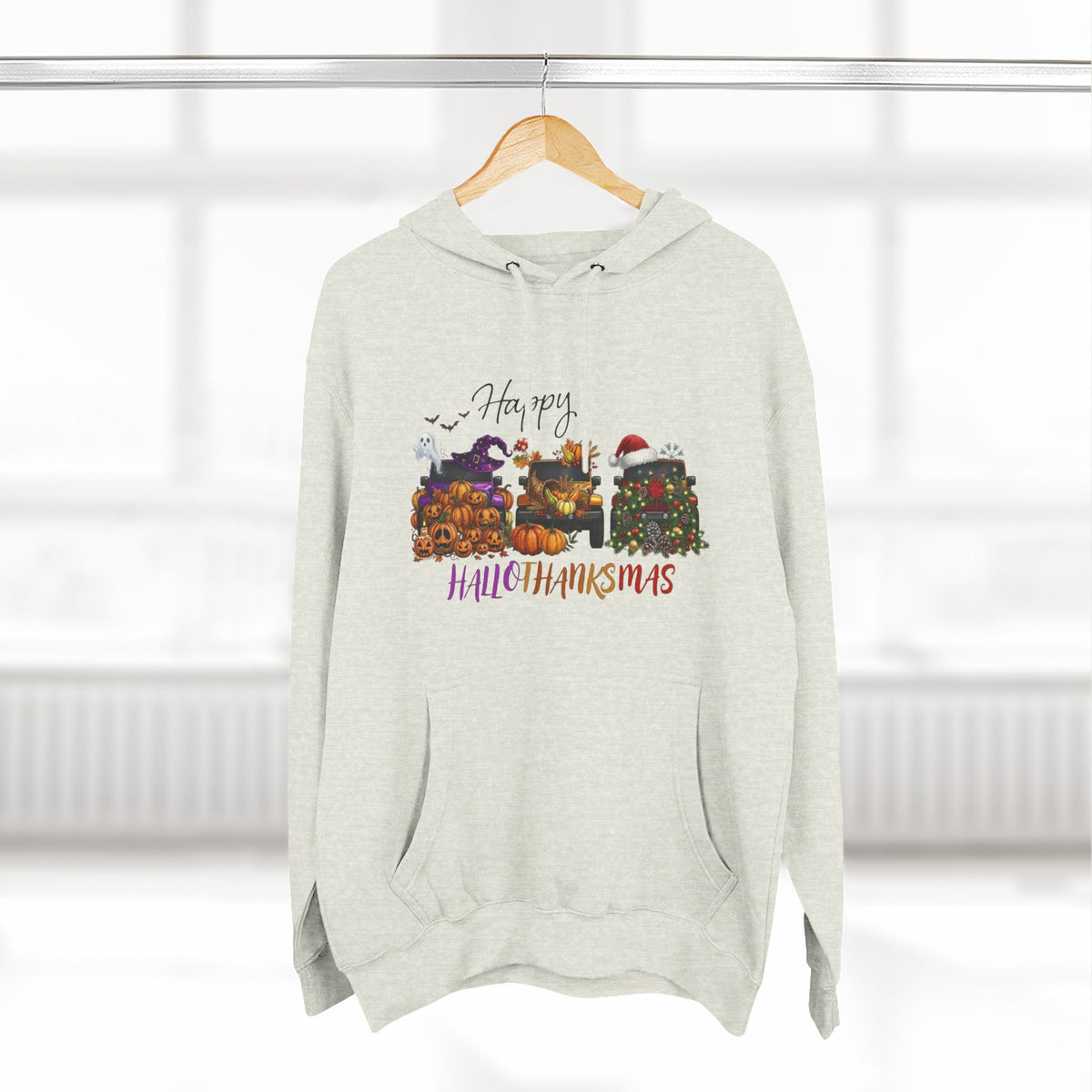 Happy Hallothankmas Hoodie — Three-Panel Holiday Mashup Pullover