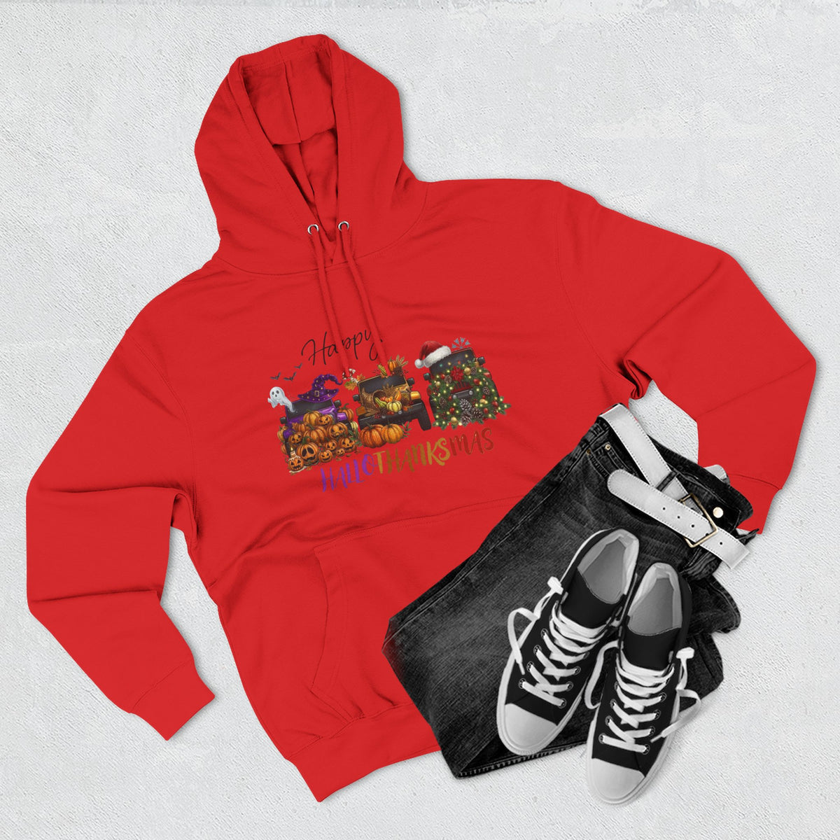 Happy Hallothankmas Hoodie — Three-Panel Holiday Mashup Pullover