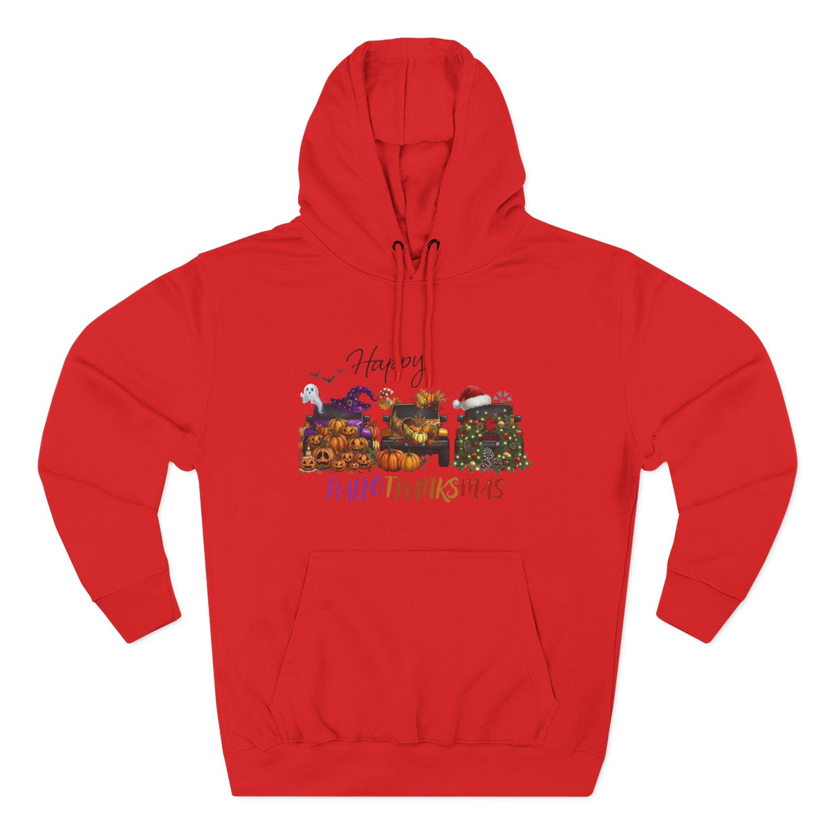 Happy Hallothankmas Hoodie — Three-Panel Holiday Mashup Pullover