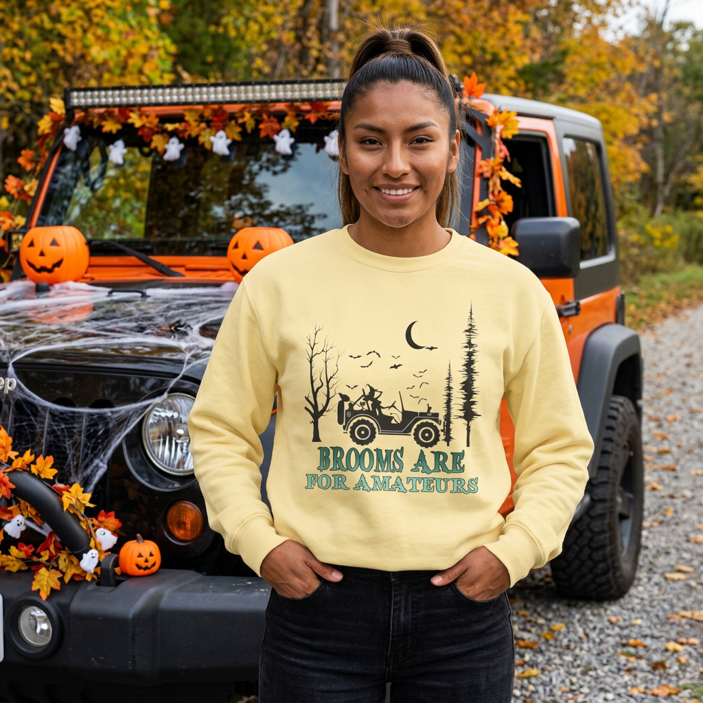 Jeep Witch Crewneck Sweatshirt — "Brooms Are For Amateurs" Halloween Off-Road Graphic