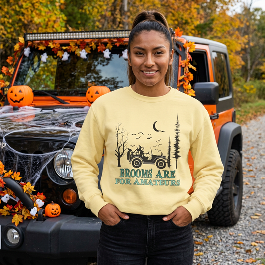 Jeep Witch Crewneck Sweatshirt — "Brooms Are For Amateurs" Halloween Off-Road Graphic
