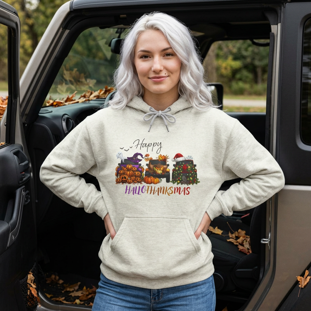 Happy Hallothankmas Hoodie — Three-Panel Holiday Mashup Pullover