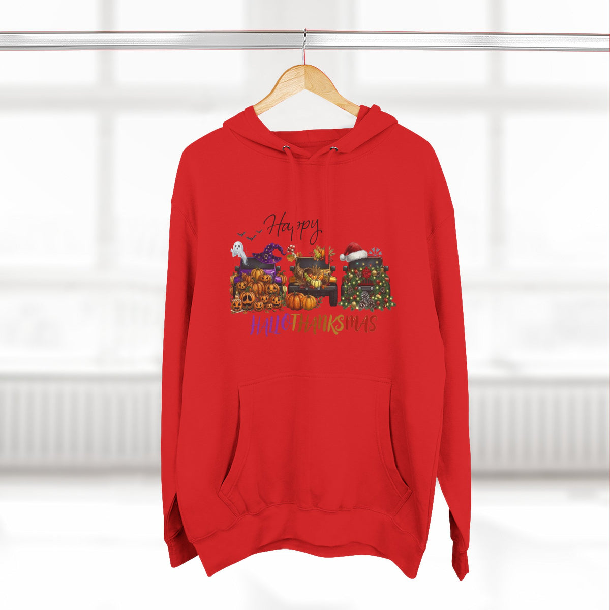 Happy Hallothankmas Hoodie — Three-Panel Holiday Mashup Pullover