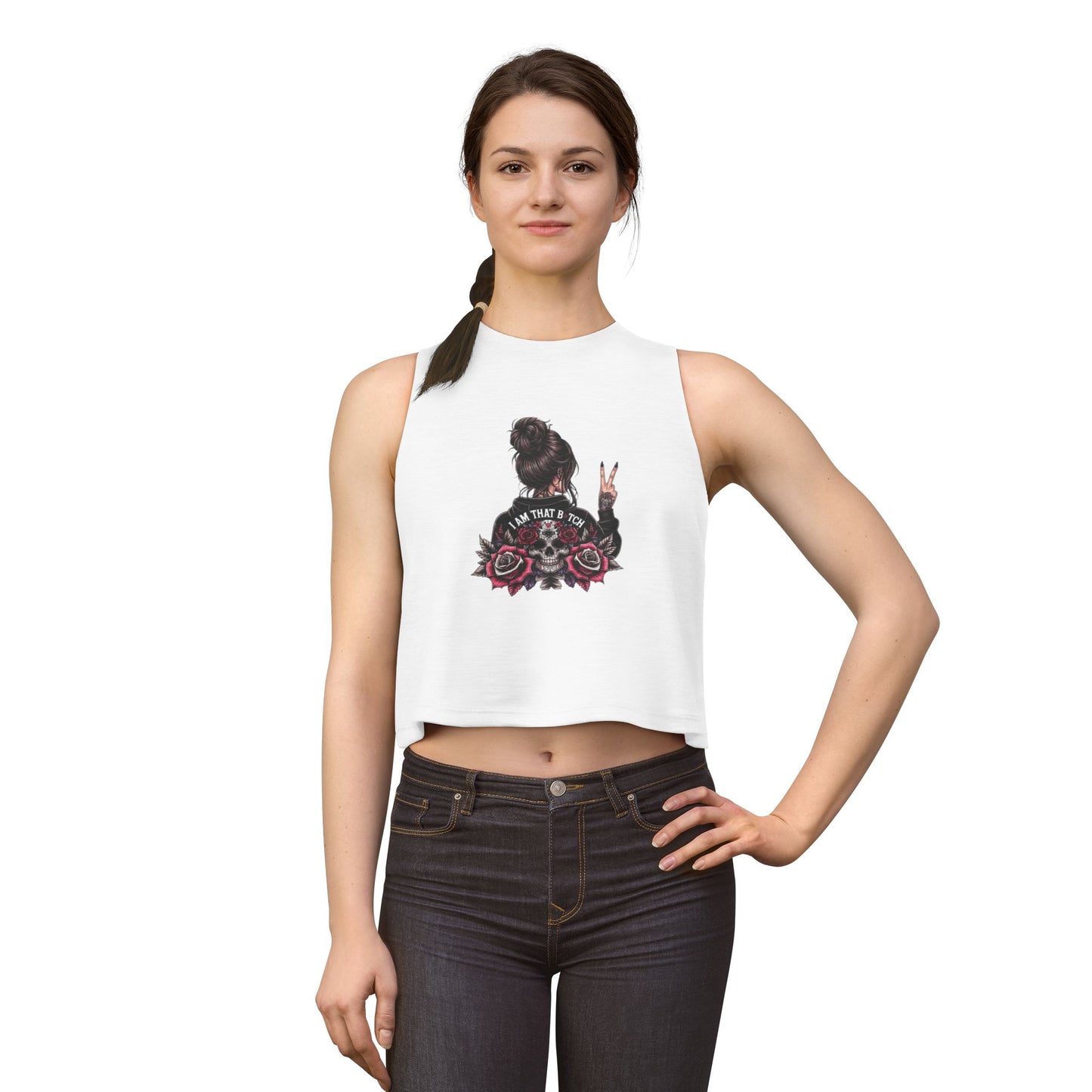 Crop Top — I Am That Bitch Graphic (Skull, Roses & Peace Sign)