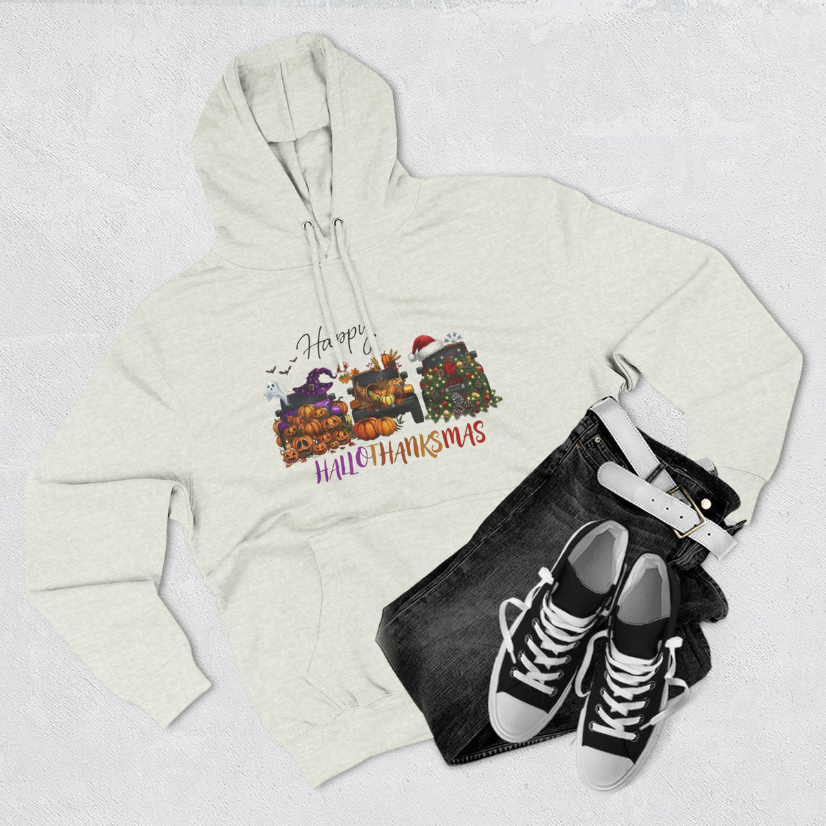 Happy Hallothankmas Hoodie — Three-Panel Holiday Mashup Pullover